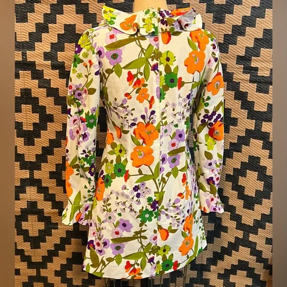VINTAGE MOD 60s MCM botanical floral mini dress ruffle collar flare polyester‎ - Picture 5 of 10